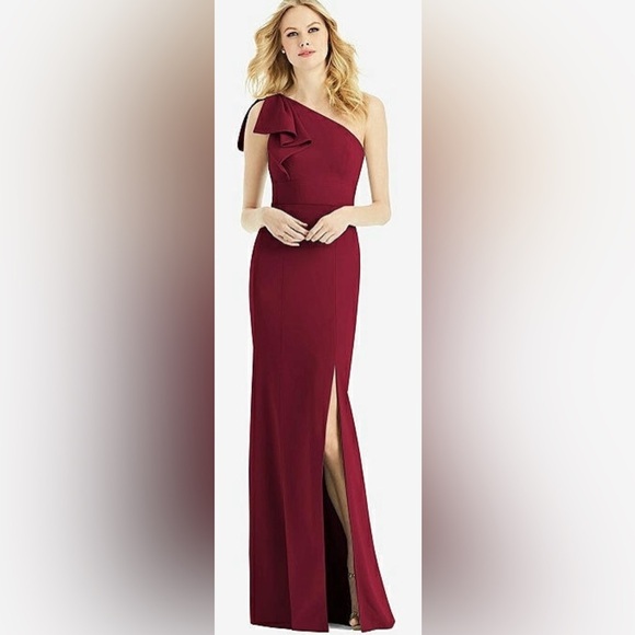 NWOT After Six Burgundy Bow One Shoulder Gown size 0 - Picture 1 of 8